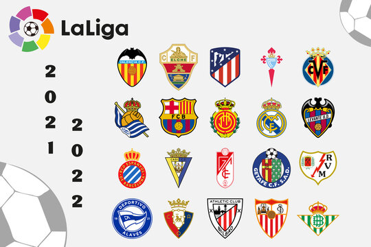 Saint-Petersburg, Russia - July 16, 2021: Logos of all 20 teams of the LaLiga Spanish League and the logo of the league itself. Icons of football teams of the first league of the 2021-2022 season.