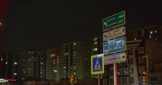 City Direction Sign at Iskan Street Near The Citadel in Erbil, Iraq