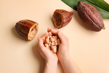 Woman holding fresh cocoa beans on color background