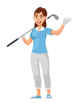 Female golfer waving hand. Woman in cartoon style.