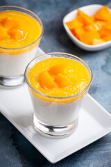 Glass of homemade panna cotta with mango sauce