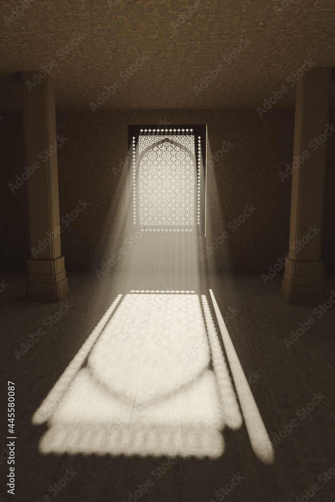 Poster 3d rendering of ancient room with jali window shatters and light beams.