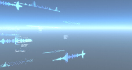 Image of data processing and particles recording on glowing blue background