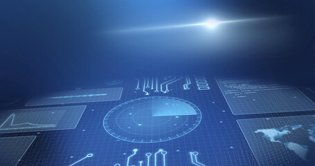 Image of statistics recording and scope scanning on screens over blue background