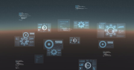 Image of data processing and scopes scanning on screens over gradient background