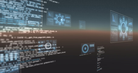 Image of data processing and scopes scanning on screens over gradient background
