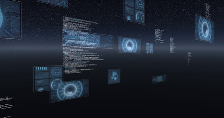 Image of scope scanning, statistics recording, globe spinning and data processing on screens