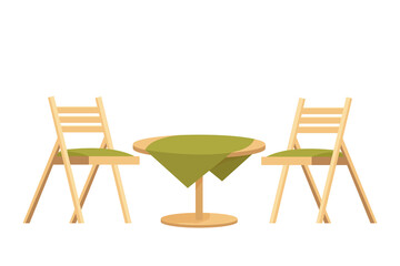 Wooden round table with tablecloth and two chairs textured in cartoon style isolated on white background. Backyard, outdoor furniture, decoration.