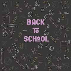  Autumn. Back to school black background with ruler, pencil, puzzle, notebook, globe, science, letter, number