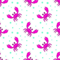 Smiling cartoon crab with big claws seamless pattern vector illustration.