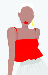 A girl with red lips and white hair. A young lady in a red top and a light skirt. Vector flat illustration. Design for cards, posters, backgrounds, templates, avatars, textiles.