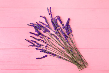 Beautiful lavender flowers on color wooden background