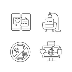 Steps towards healthy living linear icons set. Online dating. Minimalist lifestyle. Digital detox. Customizable thin line contour symbols. Isolated vector outline illustrations. Editable stroke