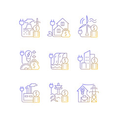 Energy prices linear icons set. Wind power production cost. Expense for sustainable generation. Energy purchase. Thin line contour symbols bundle. Isolated vector outline illustrations collection