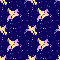 Winged unicorn and stars seamless pattern. Silhouette of a flying unicorn on the starry sky. Rainbow silhouette on a dark background.