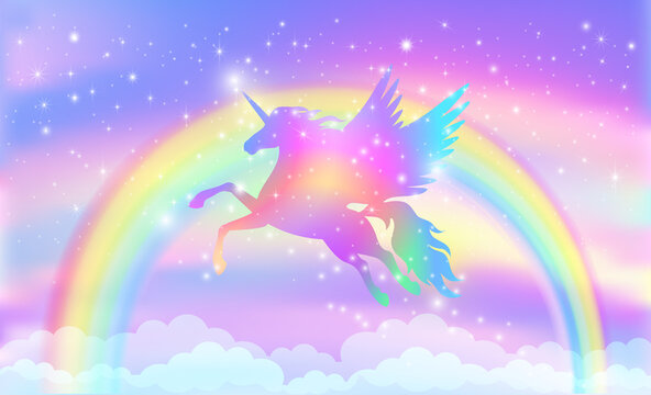 Fototapeta Rainbow background with winged unicorn silhouette with stars.