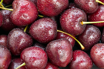 Cherries with water drops, food background, cherries background, close up