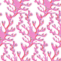 
Whimsical tropical kelp riso print seamless pattern. Colorful cute underwater aquatic seaweed. Screen print effect. Playful cute summer beach illustration. High resolution botanical allover swatch