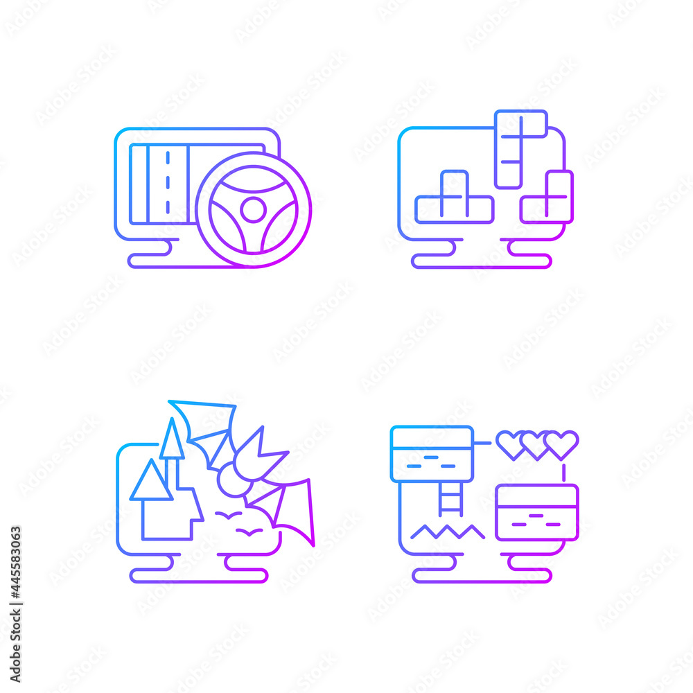 Poster life simulator games types gradient linear vector icons set. vehicles controlling games. scarry horr