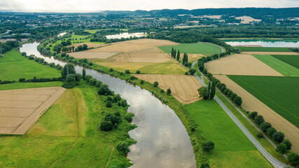 Fototapeta na wymiar Beautiful drone summer view of landscape river Weser, Germany