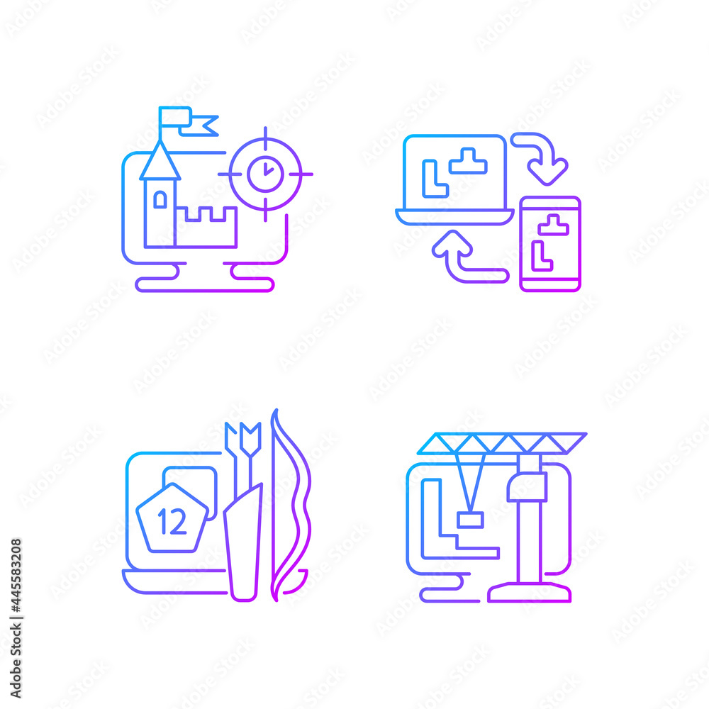 Poster online playing gradient linear vector icons set. users have special role in scenario. thin line cont