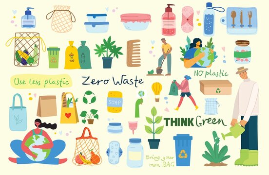 Hand drawn elements of zero waste life in vector. Eco style. No plastic. Go green