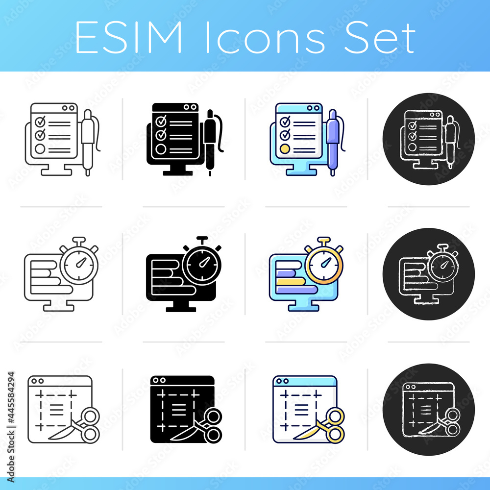 Poster remote work monitoring icons set. online forms. time evaluation. screen sampling. business managemen