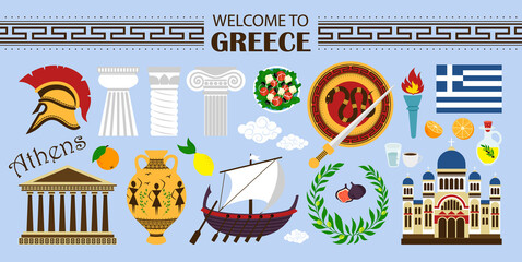Welcome to greece travel collection. Travel Concept Greece Landmark Flat Icons Design. Travel illustration with greek landmarks, people,traditional food, building.
