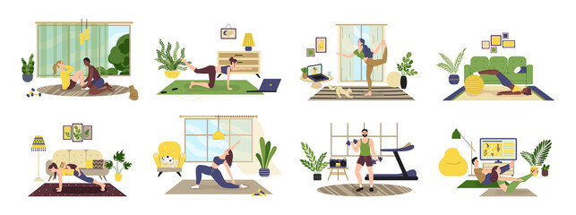 People doing exercises with dumbbell, squat, practice yoga. Man, woman, family doing sports at home