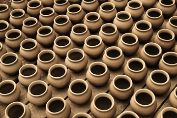 Obraz na płótnie Canvas Handmade Eco friendly clay pots, earthenware, Pottery background.