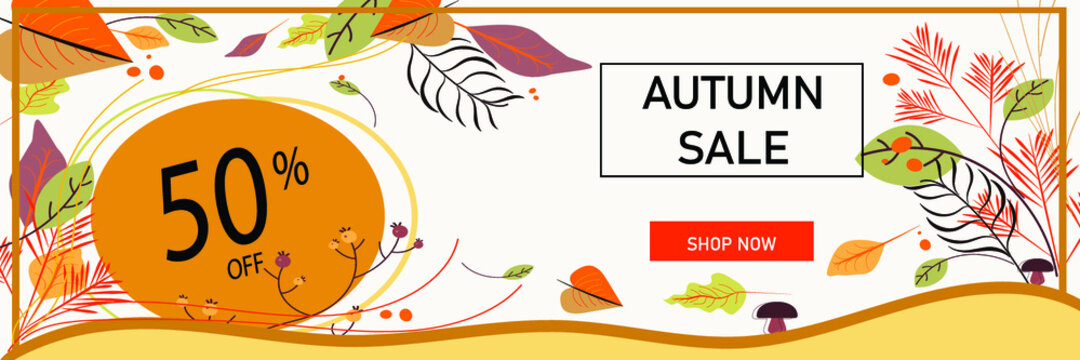 Autumn sale vector poster Design. Falling Leaves and  Autumnal Illustration with Special Offer Typography Elements for Flyer, Promotional Banner and Coupon.

