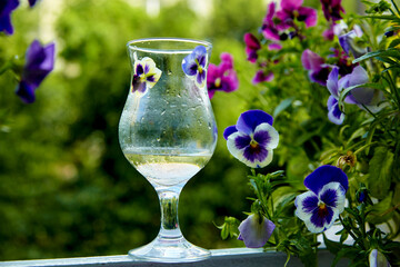 Misted glass on a green veranda with flowers