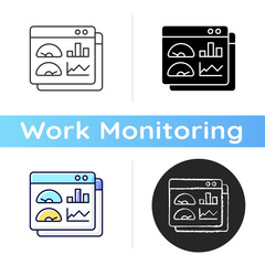 Productivity dashboard icon. Performance statistics. Presentation for productivity evaluation. Report for research. Work monitoring. Linear black and RGB color styles. Isolated vector illustrations