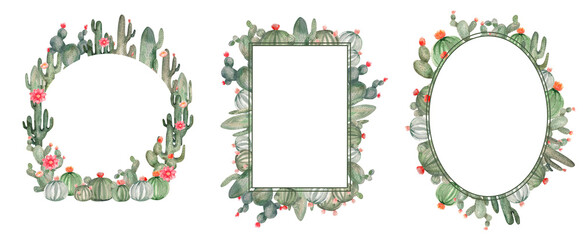 Watercolor set of wild cactus frames. Desert blooming cacti templates for text placement, photos, postcards, etc. - obrazy, fototapety, plakaty
