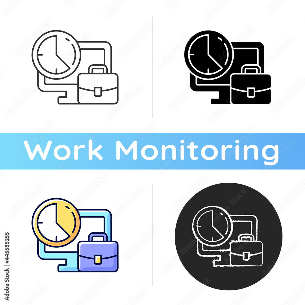 Poster set working hours icon. time for corporate projects. productivity on workplace. tracking efficiency.