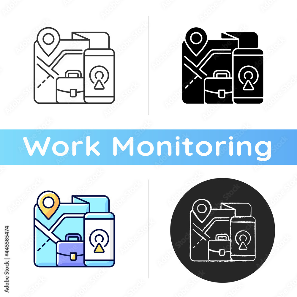 Poster employee gps tracking icon. online tracker app for mobile phone. software to control productivity. w