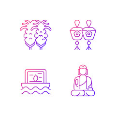 Taiwanese culture gradient linear vector icons set. Fried squid. Shan Buddha Museum. Religious ceremony. Light mode customizable thin line symbols. Isolated vector outline illustrations.