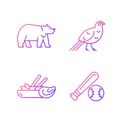Taiwan national endemic gradient linear vector icons set. Mikado pheasant gamebird. Traditional thai cuisine. Light mode customizable thin line symbols. Isolated vector outline illustrations.
