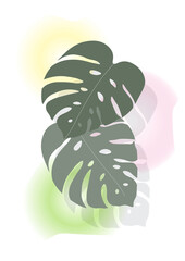 Poster with monstera leaves on a background of watercolor spots, vector