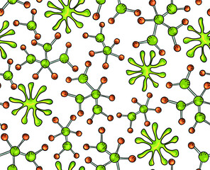 Trendy vector seamless print with bacteria, maleules and living organisms. Illustration about biology and chemistry for children. Background for printing on fabrics and paper.
Pattern about science 