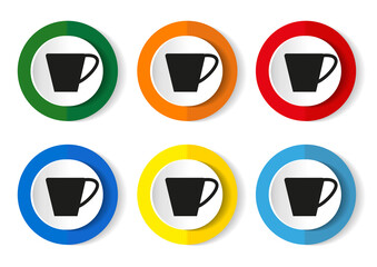Drink, cup of coffee vector icons, flat design colorful web buttons.