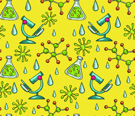 Trendy vector seamless print with bacteria, maleules and living organisms. Illustration about biology and chemistry for children. Background for printing on fabrics and paper.
Pattern about science