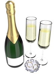 Glasses Of Champagne With Closed Bottle