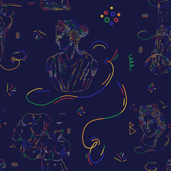 Materiał do szycia Raster seamless pattern. Greek sculptures. Venus and Apollo statues. Raster illustration. Element for wedding invitation, design template, greeting card,pattern,textile, printRaster seamless pattern.