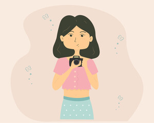 Woman photographer with camera. Cartoon character