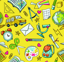 Trendy vector seamless print with school icons. Stationery, globe, bus, microscope, book, notepads. Illustration about education and science for children. Background for printing on fabrics and paper