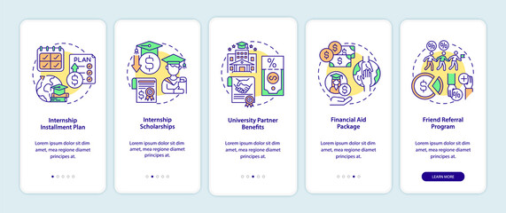Internship programs financing options onboarding mobile app page screen. Scholarship walkthrough 5 steps graphic instructions with concepts. UI, UX, GUI vector template with linear color illustrations