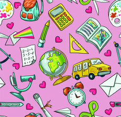 Trendy vector seamless print with school icons. Stationery, globe, bus, microscope, book, notepads. Illustration about education and science for children. Background for printing on fabrics and paper