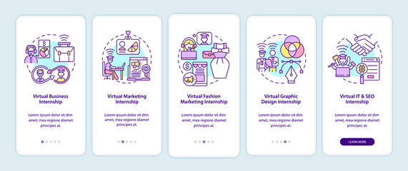 Top virtual internship areas onboarding mobile app page screen. Business, marketing walkthrough 5 steps graphic instructions with concepts. UI, UX, GUI vector template with linear color illustrations
