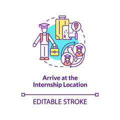 Arrive at internship location concept icon. International internship procedure step abstract idea thin line illustration. Interning abroad. Vector isolated outline color drawing. Editable stroke